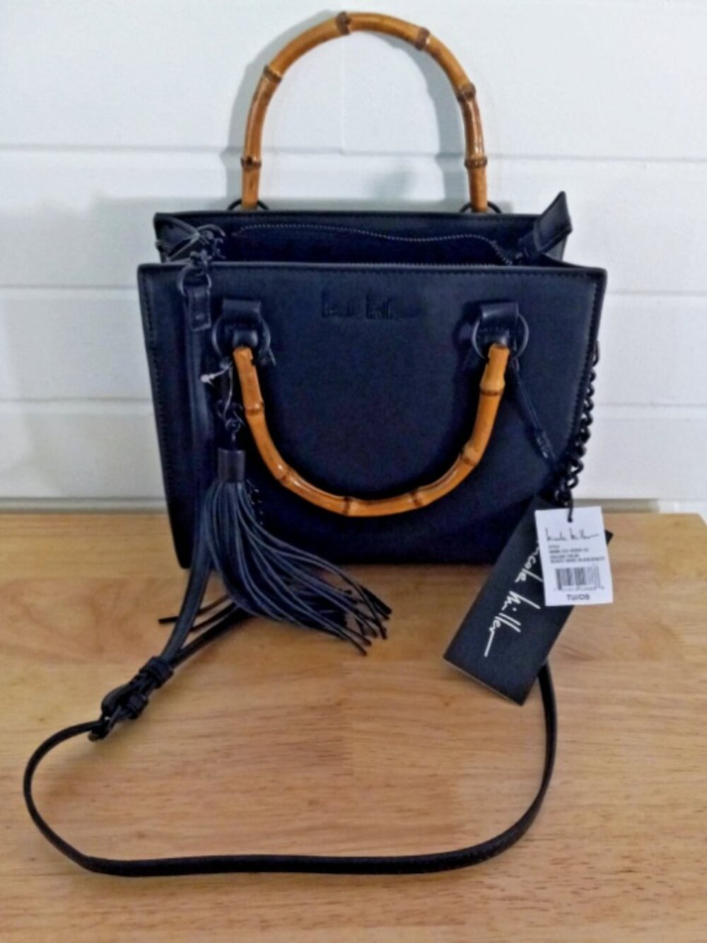 NWT Nicole Miller Black Beauty Satchel Bamboo Handles Tassel Crossbody Bag
